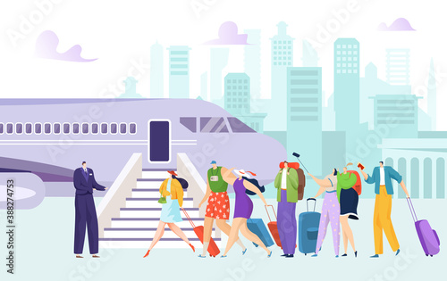 Airplane at airport, flight plane passenger go for journey transportation vector illustration. Trip by jet transport, international fly boarding. People walk at terminal, security commercial service.