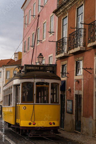 Tram stopping on a Lisbon street