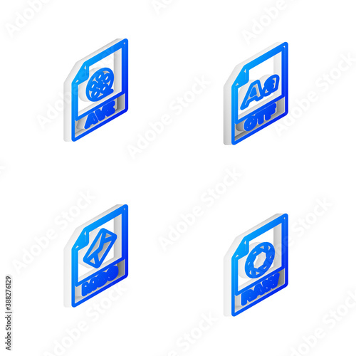 Set Isometric line OTF file document, AVI, MSG and RAW icon. Vector.