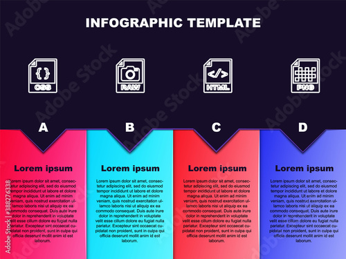 Set line CSS file document, RAW, HTML and PNG. Business infographic template. Vector.