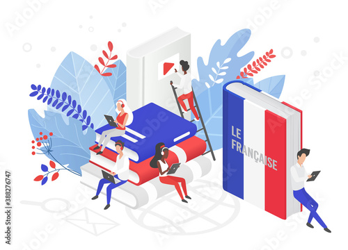 Online French language courses isometric 3d vector illustration. Distance education, remote school, France university. Students reading books Internet class, e learning language school isolated