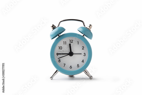 Blue retro alarm clock isolated on white background. Clipping path