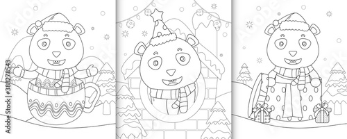 coloring book with cute panda christmas characters