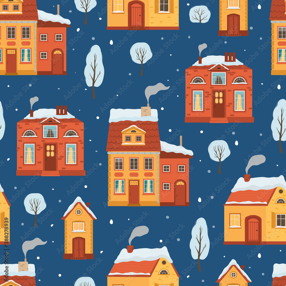 Seamless pattern with flat style winter houses. Christmas holiday background with a cozy town in retro style. Vector illustration
