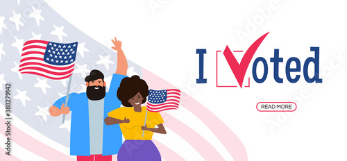 i voted man and woman with american flags 2020 usa presidential election vector illustration