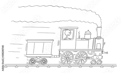 Vector cartoon stick figure illustration of man or engineer driving steam train engine or locomotive running on railroad track.