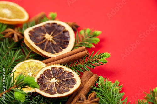Fir tree branches, dried orange slices and spices