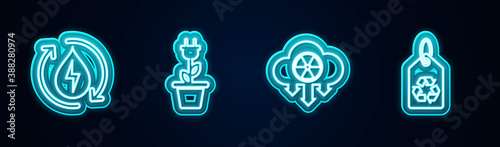 Set line Recycle clean aqua, Electric saving plug in pot, Acid rain and radioactive cloud and Tag with recycle. Glowing neon icon. Vector.