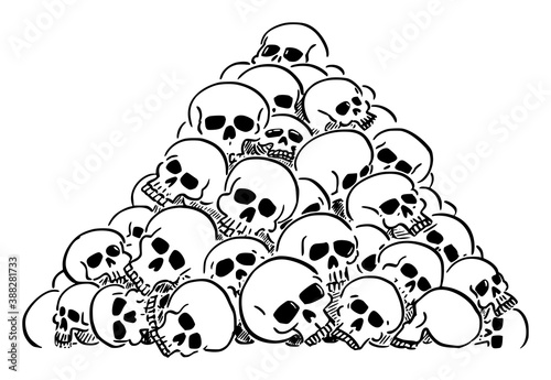 Vector cartoon illustration of heap or pile of human skulls. Concept of violence, epidemic, war or death.