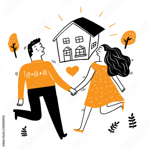 Lovers walk hand in hand and walk forward to their house