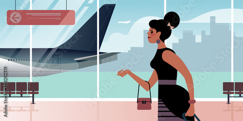 Girl at the airport departure hall. Scenes from the life of an air traveler. Flat design vector illustration.