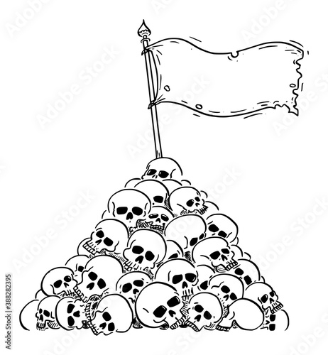 Vector cartoon illustration of surrender or victory flag waving on heap or pile of human skulls. Concept of violence, victory, defeat, epidemic, war or death.