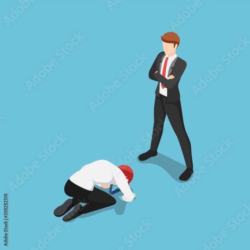 Isometric Businessman Prostrated in front of Business Leader