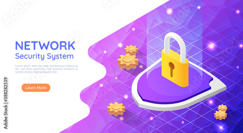 Isometric Web Banner Padlock with Keyhole Icon on Abstract Network Background
