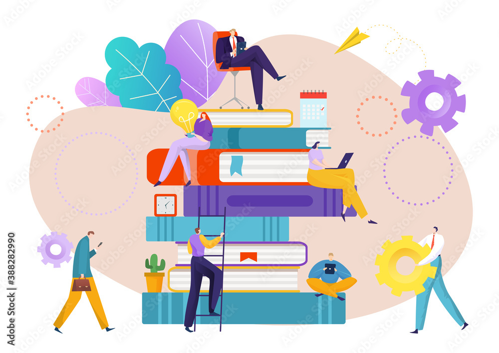 Success knowledge idea for business people, vector illustration. Book design concept, study education character. Flat person read and work graphic technology, creative learning teamwork.