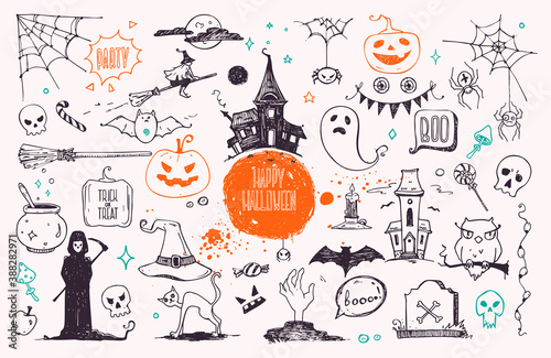 Fototapeta Naklejka Na Ścianę i Meble -  Halloween doodle style illustrations. Hand drawn traditional symbols, wizard hat, carved pumpkin, spider web, witch with hat on a broom, bat, zombie hand, magic potion pot. Vector clipart collection.