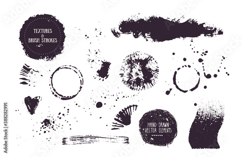 Hand drawn vector brush strokes, grunge textures, ink splatters. Artistic collection of brushstroke, dab of paint, ink smear, abstract grunge texture. Vector clip art isolated on white background.