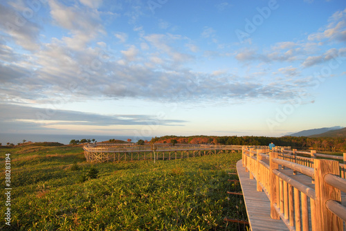 北海道「知床国立公園」の知床五湖、高架木道から、夕日に染まる景色