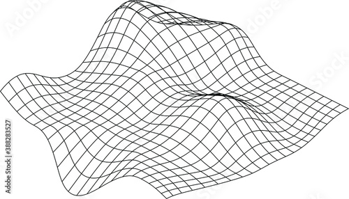 Distorted grid pattern. Technology, science, game background. Black and white. Monochrome. Banner, wallpaper, print. Bent grid in perspective. mesh with convex distortion. curved mesh elements. spatia