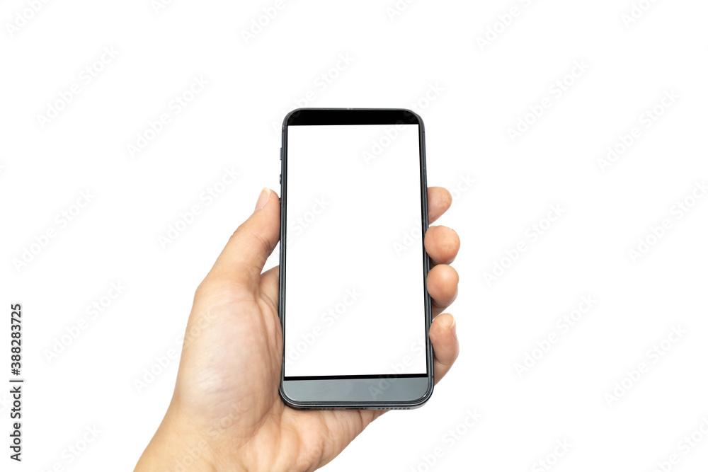 Left hand of women holding white screen smart phone on white background