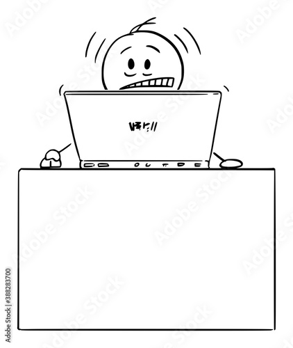 Vector cartoon stick figure illustration of frustrated or stressed man or businessman working on typing on computer behind desk in home office.
