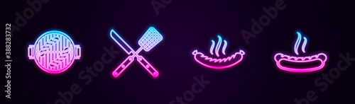 Set line Barbecue grill with sausage, Crossed knife and spatula, Sausage and Hotdog sandwich. Glowing neon icon. Vector.