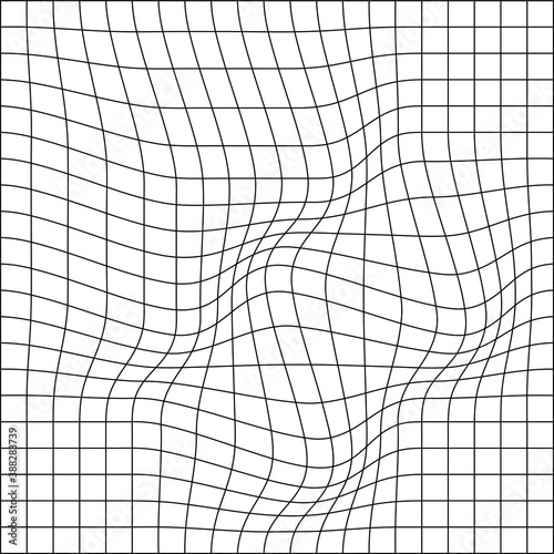 Distorted grid pattern. Technology, science, game background. Black and white. Monochrome. Banner, wallpaper, print. Bent grid in perspective. mesh with convex distortion. curved mesh elements. spatia