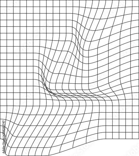 Distorted grid pattern. Technology, science, game background. Black and white. Monochrome. Banner, wallpaper, print. Bent grid in perspective. mesh with convex distortion. curved mesh elements. spatia