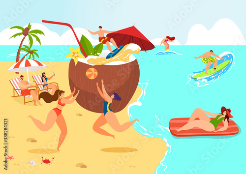 Travel vacation at sea, people near huge coconut, summer beach vector illustration. Happy young man woman at beautiful tropical cartoon sand nature. Holiday outdoor lifestyle, ocean sunlight paradise.