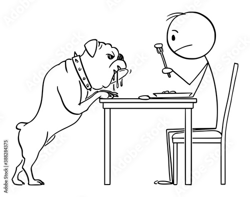Vector cartoon stick figure illustration of man eating his lunch and salivating bulldog dog is watching him and scrounging for food.
