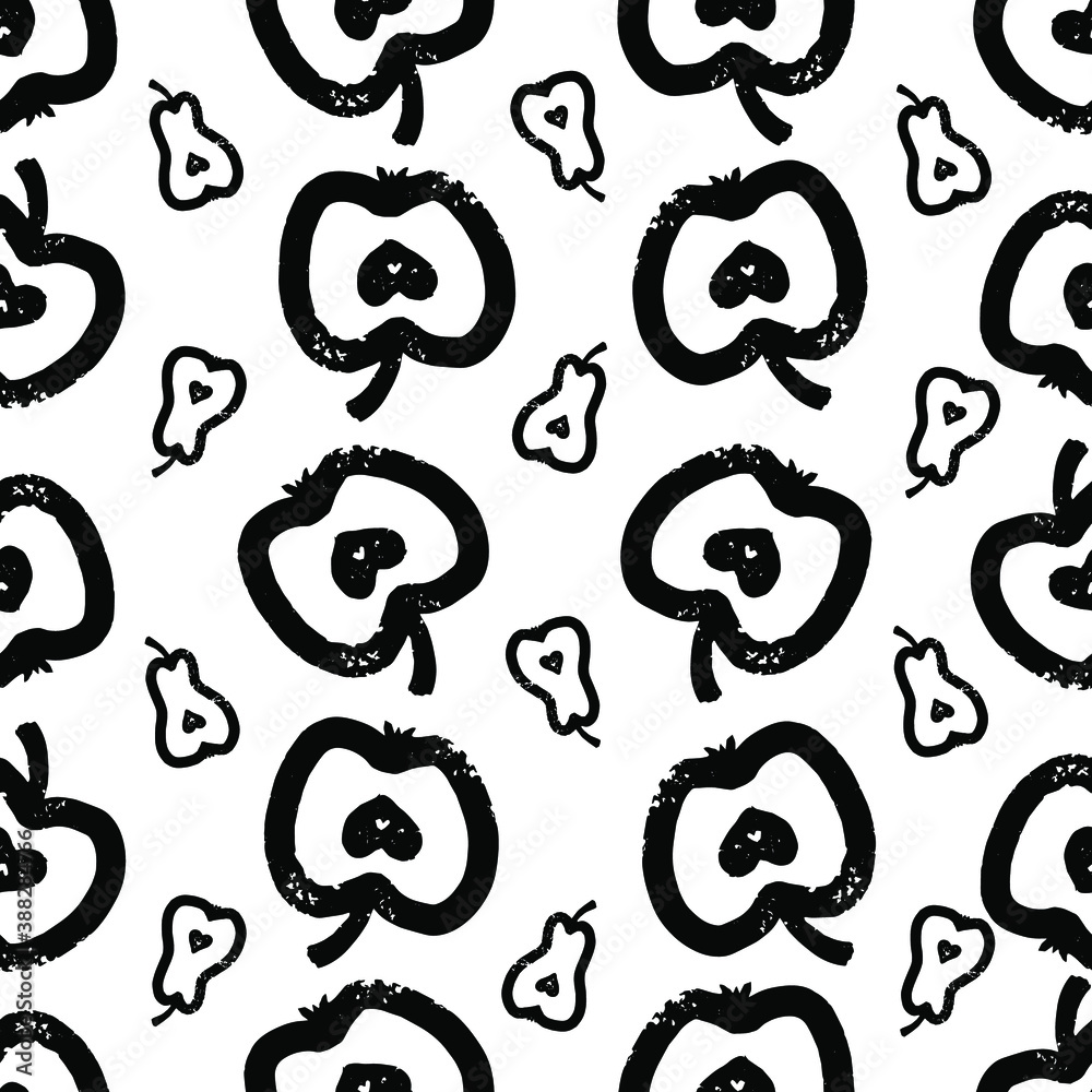 Black textured outline of apples and smaller pears seamless pattern. Black textured outline of apples and smaller pears seamless pattern.