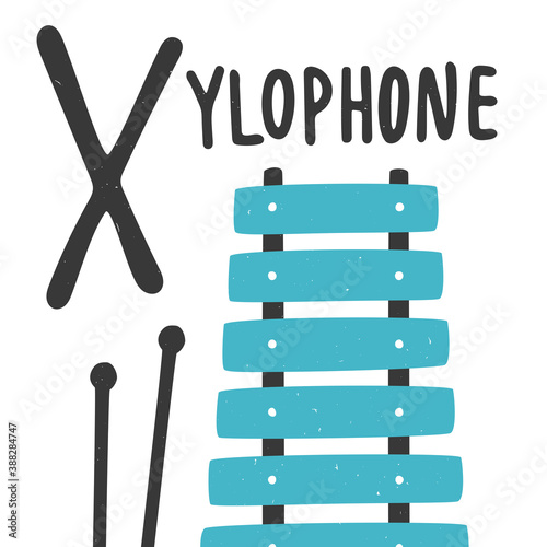 Cute printable alphabet card for play and education. Letter "X" is for Xylophone. Bright xylophone with sticks and handwritten text. Vector shabby hand drawn (not cropped under the mask) illustration