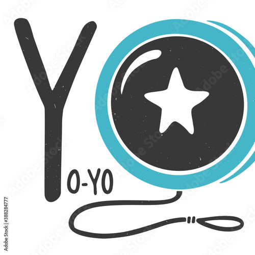 Cute printable alphabet card for play and education. Letter "Y" is for Yo-yo. Bright yo-yo with a star and handwritten text. Vector shabby hand drawn (not cropped under the mask) illustration