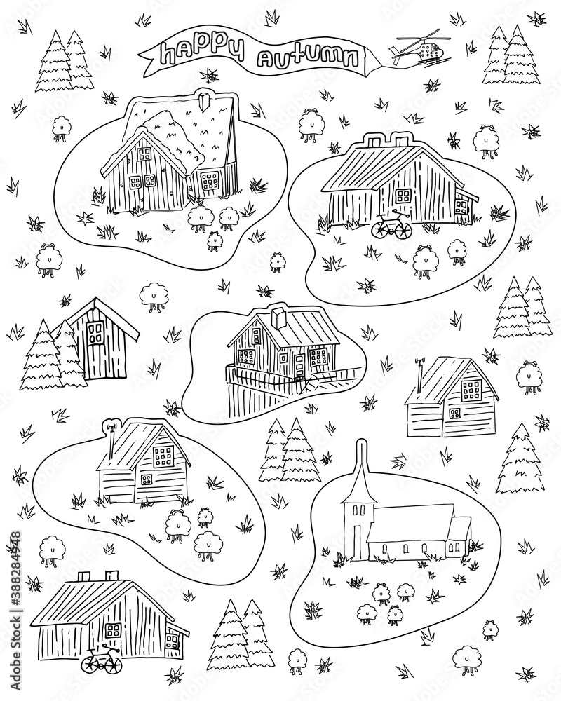 Set of Black and white wooden scandinavian houses for coloring book Set of Black and white wooden scandinavian houses for coloring book