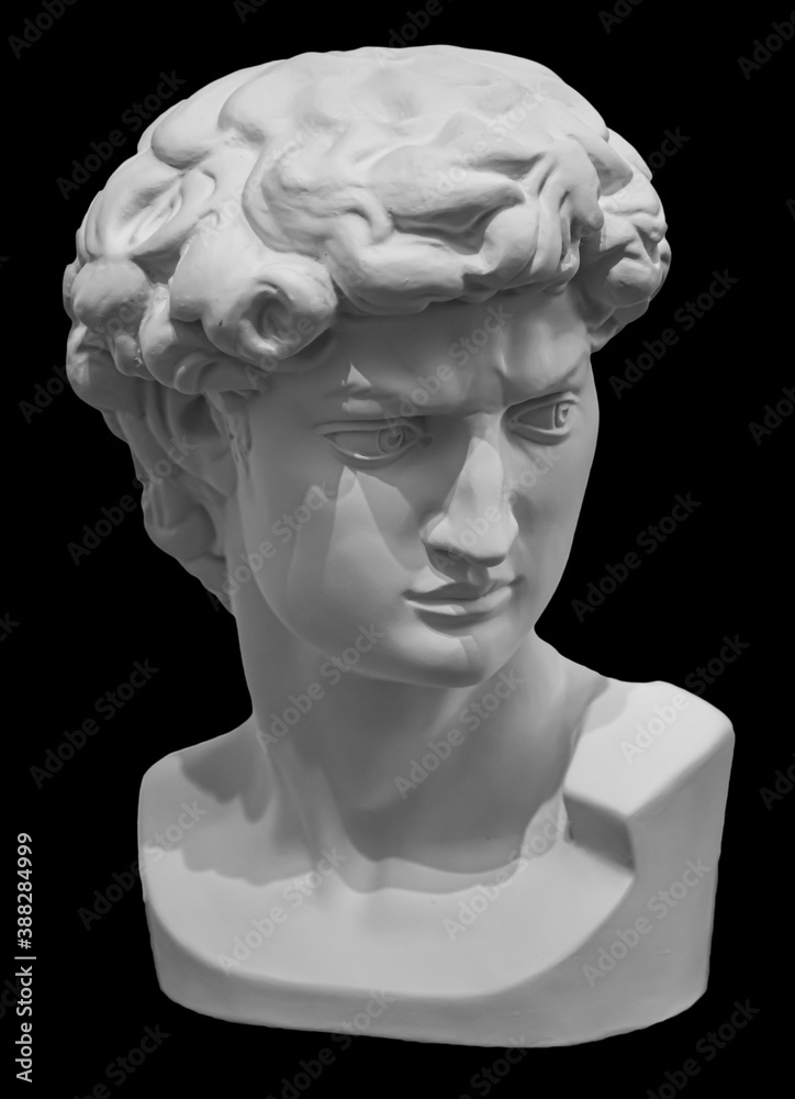 Headf of statue of David sculpture by Michelangelo. Antique marble face isolated on black