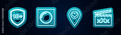 Set line Shield with 18 plus, Condom in package, Location heart and Movie clapper Sex. Glowing neon icon. Vector.