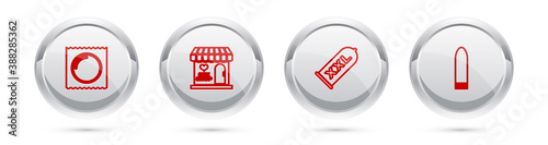 Set line Condom in package, Sex shop building, safe sex and Dildo vibrator. Silver circle button. Vector.
