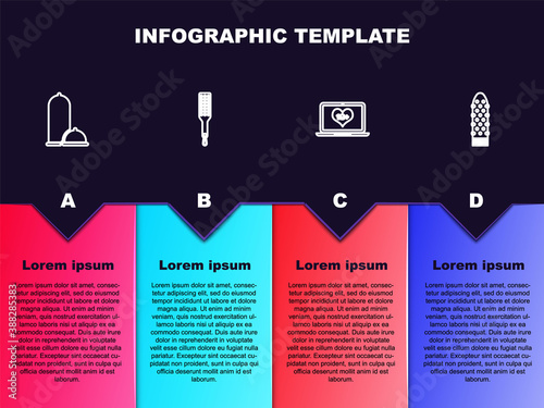 Set line Condoms safe sex, Spanking paddle, Laptop with 18 plus content and Dildo vibrator. Business infographic template. Vector.