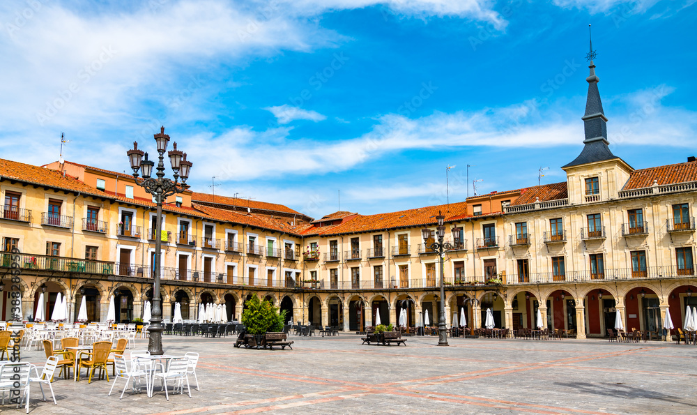 Plaza Mayor, the central square in Leon, northwest Spain