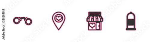Set line Handcuffs, Sex shop building, Location with heart and Condom safe sex icon. Vector.