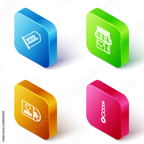 Set Isometric line Condom safe sex, Sex shop building, Disc with inscription and Anal beads icon. Vector.