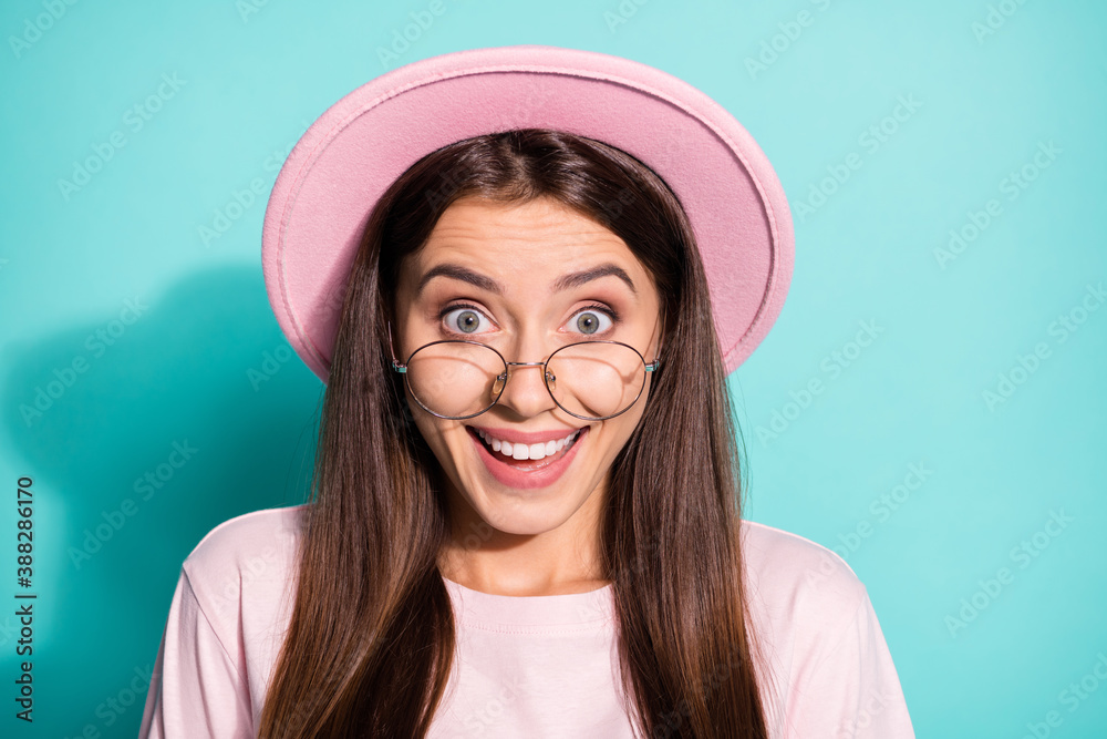 Portrait of positive impressed lady scream look in camera scream wear summer clothes isolated over teal color background Portrait of positive impressed lady scream look in camera scream wear summer clothes isolated over teal color background
