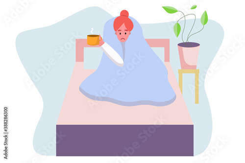 Woman suffering from headache flat character.Sick Woman. Hand drawn colored Vector illustration.