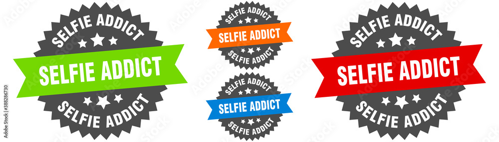 selfie addict sign. round ribbon label set. Seal selfie addict sign. round ribbon label set. Seal