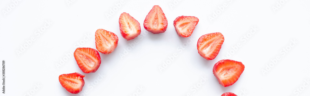 red raw fresh strawberries on white background, close view red raw fresh strawberries on white background, close view