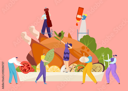 Holiday food dinner concept, vector illustration. People character cooking flat turkey for thanksgiving traditional meal design. Happy season poster, celebration cartoon autumn day.
