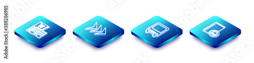Set Isometric line Mall or supermarket building, Arrow, Bus and Audio book icon. Vector.