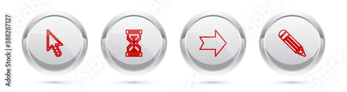 Set line Pixel arrow cursor, Hourglass pixel, Arrow and Pencil. Silver circle button. Vector.