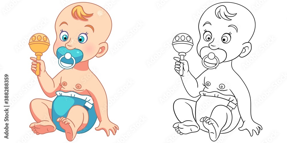 Coloring page with baby toddler. Line art drawing for kids activity coloring book. Colorful clip art. Vector illustration. Coloring page with baby toddler. Line art drawing for kids activity coloring book. Colorful clip art. Vector illustration.