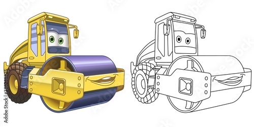 Coloring page with asphalt paver machine. Line art drawing for kids activity coloring book. Colorful clip art. Vector illustration.